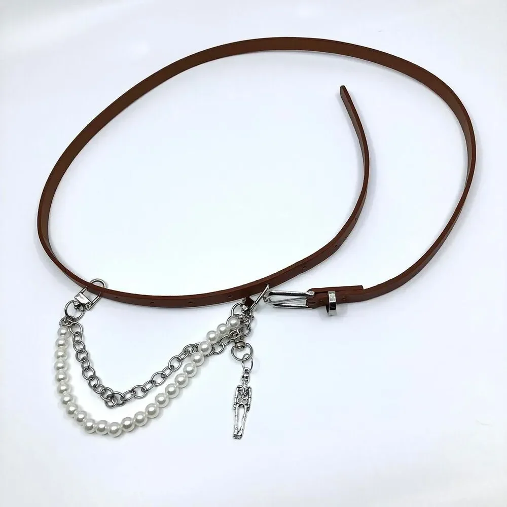 Vintage Y2K Whimsygoth Skeleton Pearl Chain Belt, Fits 33–36 Inches, X7GA1193